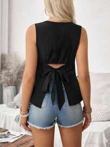 SHEIN 独特蝴蝶结设计的无袖黑色孕妇上衣 - 黑色 - 查看 1