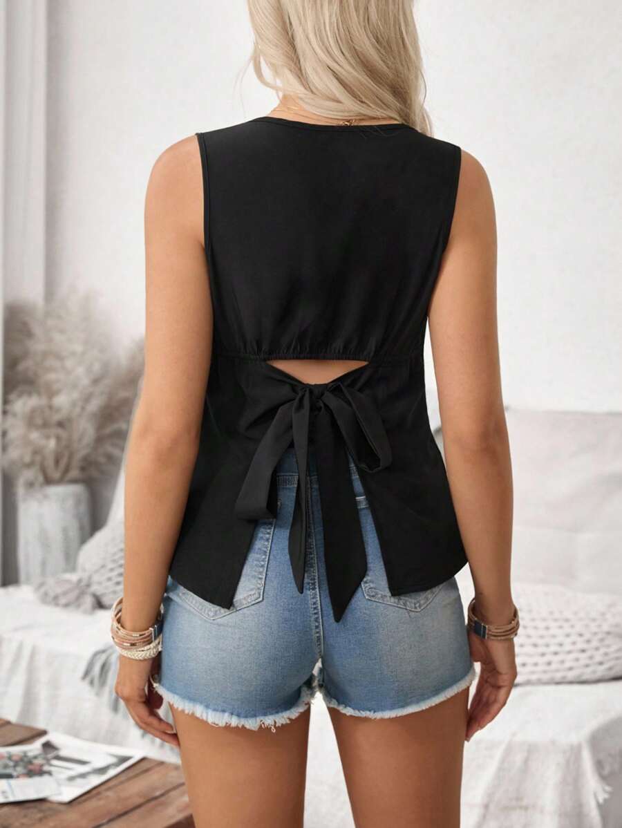 SHEIN 独特蝴蝶结设计的无袖黑色孕妇上衣 - 黑色 - 查看 1