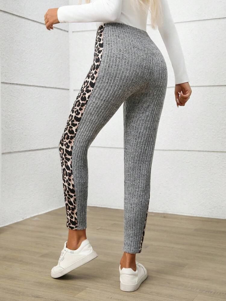 Women Elastic Waist Patchwork Leopard Animal Print Ribbed Leggings Women Pants Casual Stretchy Pants Ribbed Pants Leggings For Women Fall Clothes For Women Leopard Print Pants Women