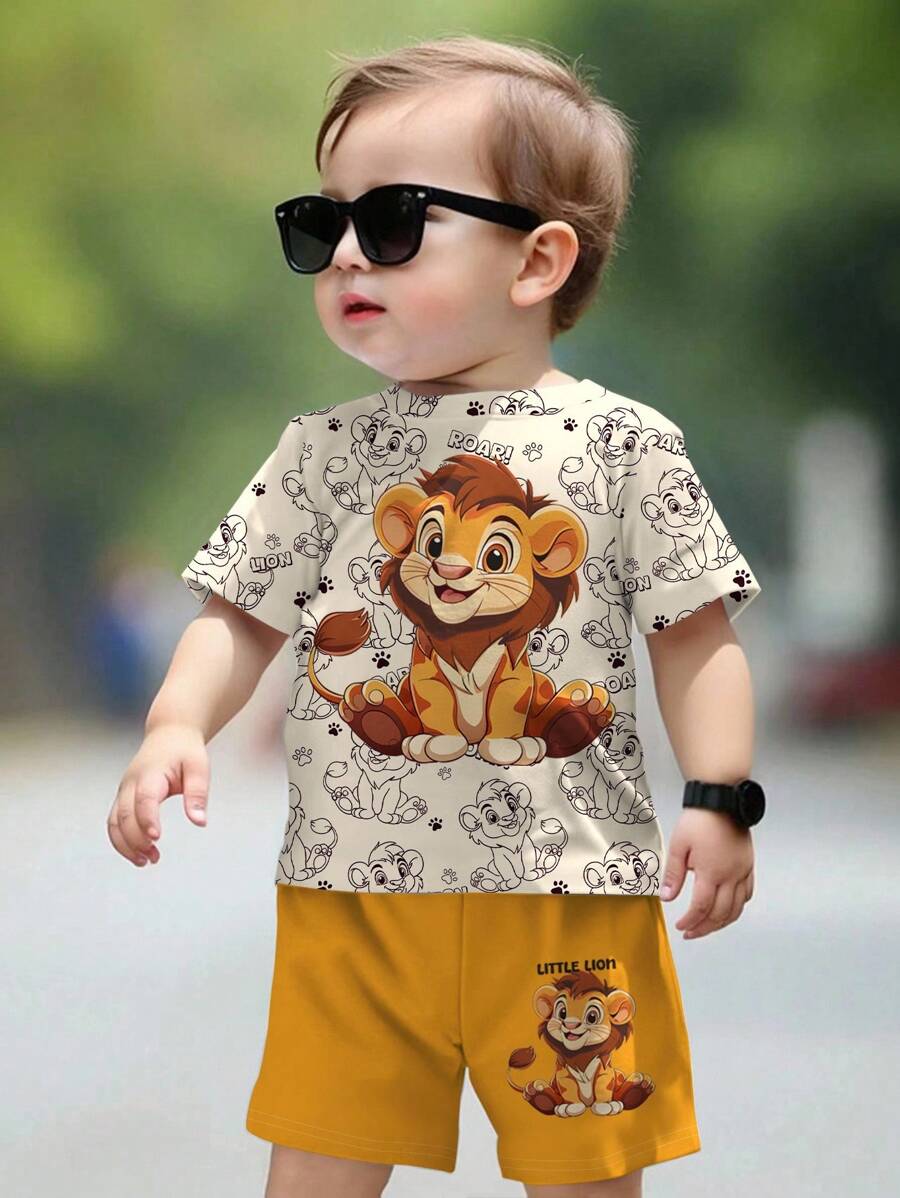 SHEIN 2pcs Baby Boy Casual Cartoon Lion Graphic Round Neck Short Sleeve T-Shirt And Shorts Set, Suitable For Summer