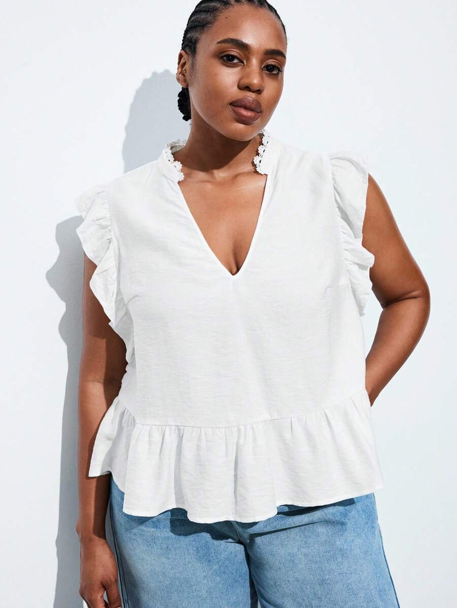 Maija Plus Size White Ruffle Sleeve V-Neck V Neck Casual Top, Fall Autumn Back To School Homecoming Modest Vintage Women Old Money Teacher Romantic, Fashion, Versatile; Comfortable, Stylish, Elegant, Casual, Simple Daily Wear, Essential, Solid Color, Holiday Casual, Decent, Single Lady, Elegant Fashion Business Casual Woman Going Out Tops Graduation Teacher - White - View 1