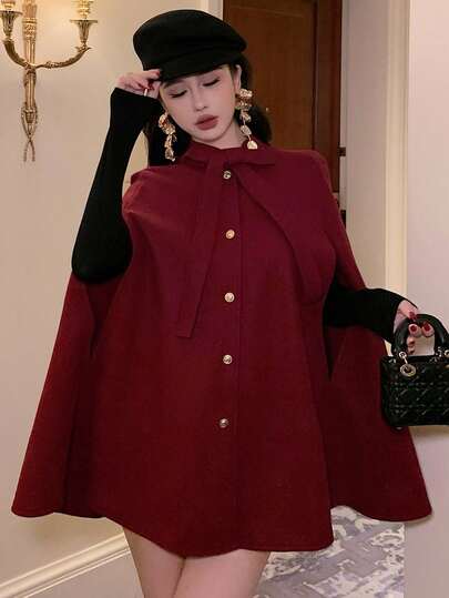 DAZY Capa corta de lana roja oversize con lazo para mujer, elegante para chaqueta de banquete, abrigos de mujer para Año Nuevo