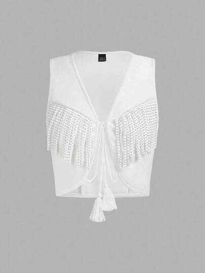 SHEIN MOD Women Bohemian 70s Fringe Sleeveless Jacket, Autumn Outerwear Tops,Fall Women Jackets,Western Jacket,Cowboy Jecket