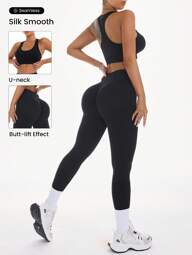 Easithlete Ensemble de sport pour femmes avec débardeur et leggings de couleur unie