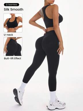 Easithlete Ensemble de sport pour femmes avec débardeur et leggings de couleur unie