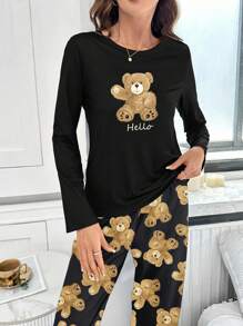 可爱小熊印花长袖上衣和裤子睡衣套装，泰迪熊可爱柔软睡衣套装，秋冬服装