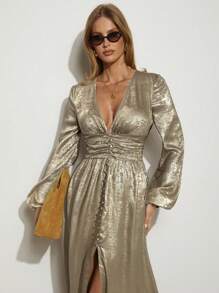 COSMINA Váy tay phồng ánh kim cho nữ, Váy thanh lịch cho nữ, Váy thu - Vàng - Xem 4