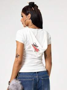 ROMWE Grunge Punk Y2K 复古性感虎纹藤蔓仿纹身印花高领紧身女式 T 恤