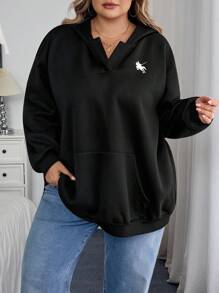 SHEIN CURVE+ Curves Plus Size/Chool Clothes/Back To School Clothes /Back To SchoolWomen's Plus Size Black Casual Simple Floral Print Plus Size Long Sleeve Loose Hooded Cardigan With Pockets, Autumn Plus Size Hoodies Women Plus Size Sweatshirts 8xl Hoodies For Women 6xl Plus Size Hoodies Plus Size Sweatshirts 8xl Winter Fall/Autumn /Winter