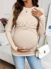 SHEIN Casual Versatile Solid Color Twist Front Maternity Nursing Top - Apricot - View 3