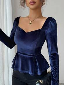 Elenzga Áo thun nhung xếp ly cổ vuông thanh lịch mùa thu - Màu xanh lam - Xem 5
