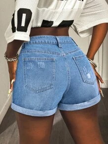 Slaydiva Women's Solid Color Pocket Casual Skinny Denim Shorts - Light Wash - View 2
