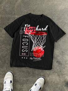 SHEIN Leap Crew Bộ 2 áo thun tay ngắn cổ tròn họa tiết bóng rổ đơn giản cho bé trai tuổi teen, trang phục mùa hè - Màu Đỏ Sâu - Xem 3