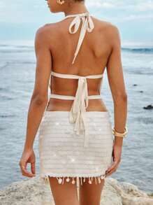 Opulessa Glänzendes Pailletten-Top für Damen, einfarbig, mit Pailletten-Spleißen, rückenfrei, Neckholder-Top, Herbstkleidung für Damen, Schulanfang, Y2k, Streetwear für Damen, bescheiden, Vintage, Lehrer-Outfits für Damen, Flughafen-Outfit für Damen