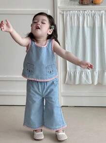 Hapijoa Ensemble blouse sans manches avec ligne décorative style coréen + pantalon large et ample en jean pour tout-petites filles - Jean clair - Voir 7
