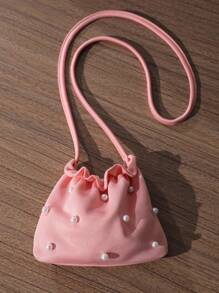 Conjunto de vestido de manga abullonada y chaleco de perla sólido con bolsa a juego para niña preadolescente - Rosa - Ver 4