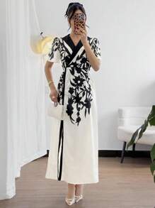 Modelyn Đầm suông tay bồng họa tiết hoa cổ chữ V thanh lịch thường ngày cho nữ - Nhiều màu - Xem 3