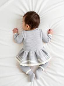 SHEIN 2pcs/Set Baby Girl Apricot Casual Minimalist Bow Round Neck Sweater And Leggings Set Baby Girl Knitted Outfits Baby Girl Grey Outfit Baby Girl Clothes With Bow Knit Two Piece Toddler Baby Girl Sweater And Leggings Set Fall Winter - Light Grey - View 5