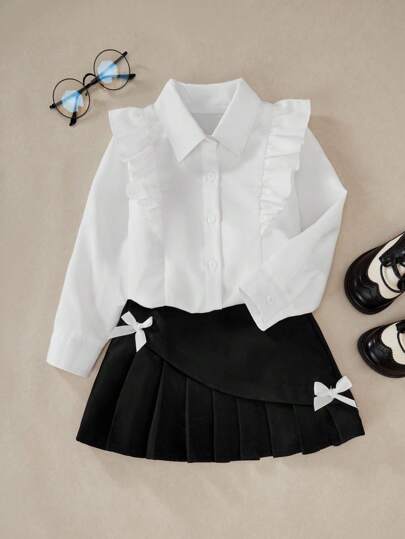 Set de 2 piezas de blusa de manga larga con cuello con volantes y falda plisada con lazo para niñas, apta para uso casual, diario, estilo escolar
