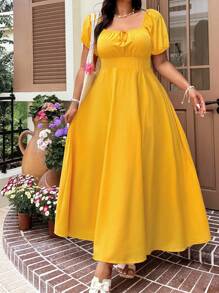 Solflare Solflare Plus Size Women Yellow Short Sleeve Casual Tie Front Waist Cinched Elegant Vacation Outfits Woman Casual Wedding Guest Dress, Spring/Summer, Sun Dress,Graduation Dress,Festival,Birthday Dresses For Women