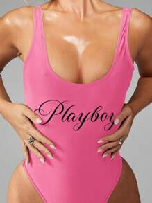 Missguided x Playboy 连体泳衣圆领高开叉露背复古风格标志标语经典夏季泳池沙滩泳衣 - 粉色 - 查看 4