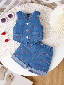 SHEIN 1 套女婴水洗蓝色休闲修身可爱樱桃刺绣牛仔背心和时尚樱桃刺绣牛仔短裤，2 件套服装，简约时尚百搭日常穿着 - 中等水洗藍 - 查看 3