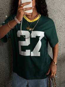 Rovax Ladies' Contrast Color Simple Printed V-Neck Short-Sleeved T-Shirt Graphic Tees Women Tops - Multicolor - View 3