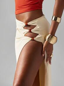 MISSGUIDED Cut Out Detail Maxi Skirt Floor Length High Waisted Side Split Cocktail Evening Club Party Design Button Embellished Long Skirt Festival Summer Beach Lightweight Silky Feel