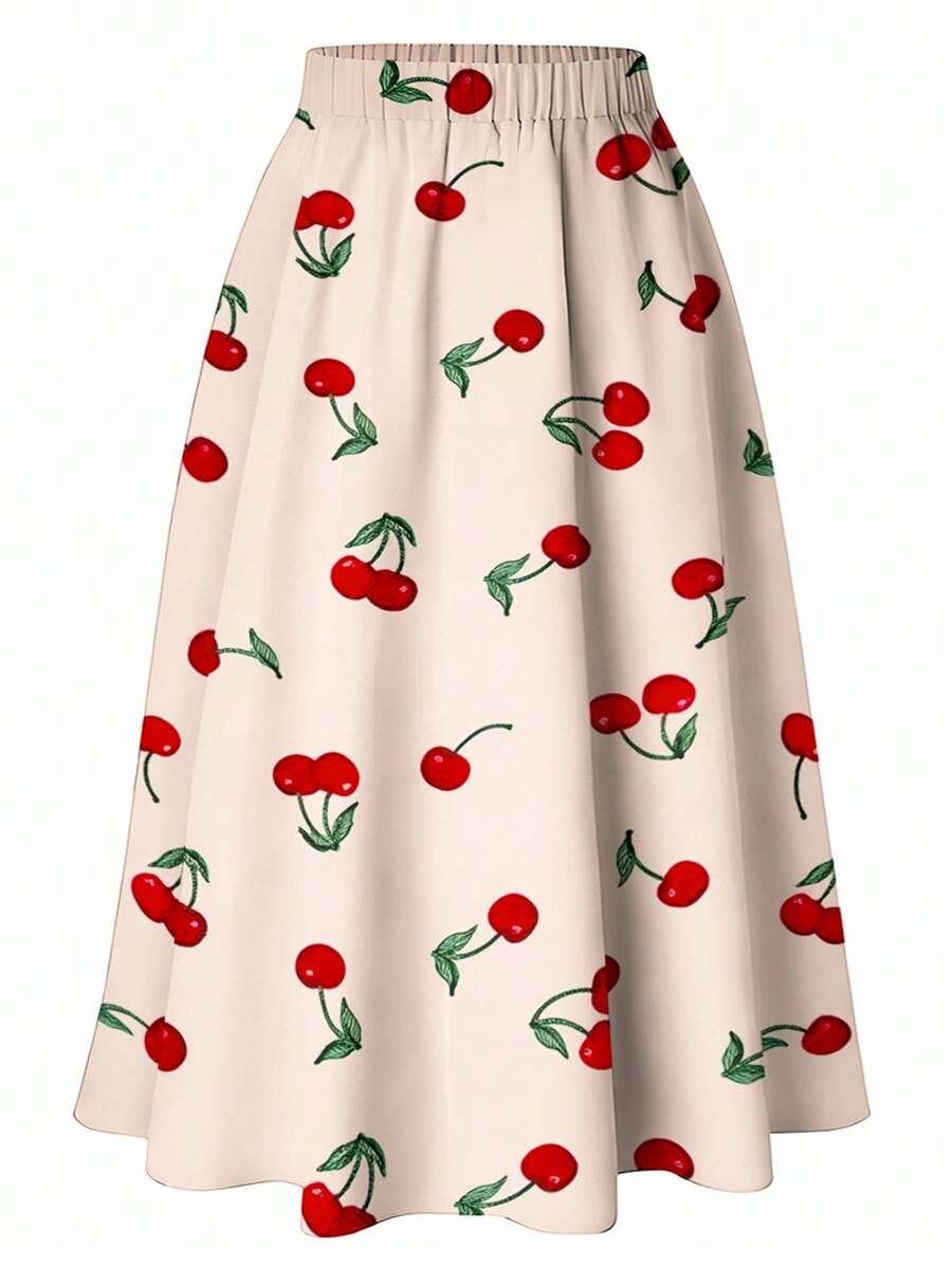 SHEIN Clasi Falda holgada con estampado de cerezas en corte evasé para mujer de talla grande - Multicolor - Ver 1