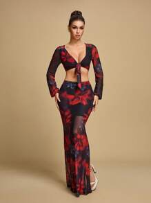 TrendSteals Summer Floral Print Mesh Patchwork A-Line Skirt Fall Women Clothes Back To School - Black - View 3