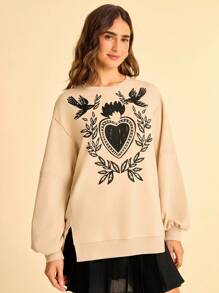 CAJUNI 女士度假休闲趣味鸟类植物印花卫衣，开衩下摆泡泡袖，秋冬款 - 彩色 - 查看 4