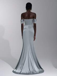 Elitara 优雅灰蓝色缎面露肩露背连衣裙，带有奢华水钻装饰，高腰高开衩，适合约会、度假、生日派对、婚礼、舞会、毕业典礼 - 灰藍色 - 查看 4