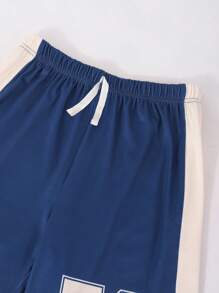 2pcs/Set Tween Boy Vintage American Style Contrast Color Block Numeral Print T-Shirt And Shorts Set - Royal Blue - View 8