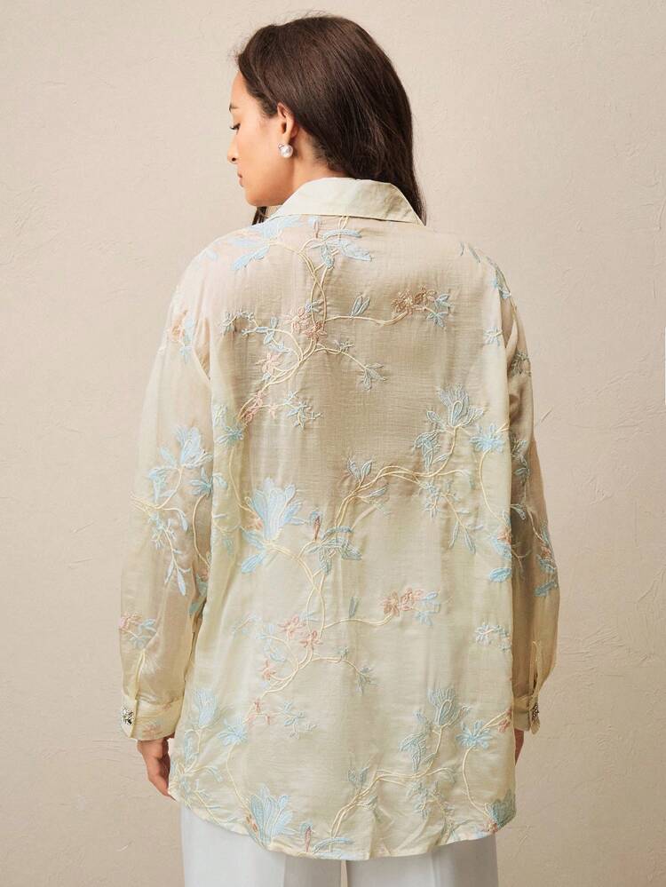 Anewsta Elaire Women's Elegant Embroidered Long Sleeve Collar Design Apricot Blouse, Suitable For Summer Vacation