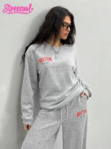 1 件宽松少女字母印花长袖运动衫和运动裤休闲套装，美式风格 - 灰色 - 查看 5