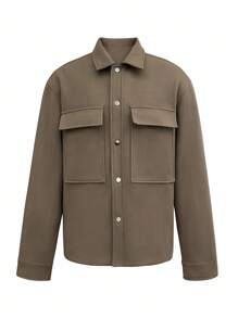 Manfinity Dauomo Men's Solid Color Pocket Front Button Casual Long Sleeve Shacket, Fall - Brown - View 3
