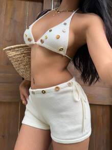 Sunnyshic 女士两件套纽扣装饰露背短款上衣和针织短裤套装，度假装 - 白色 - 查看 4