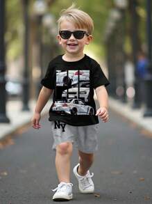 SHEIN Conjunto de shorts de manga corta y pantalones cortos con estampado de coche blanco, NY, Nueva York para niños jóvenes, casual y sencillo, adecuado para el verano
