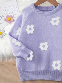 SHEIN 适合年轻女孩的花卉图案圆领插肩袖休闲毛衣 - 紫色 - 查看 4