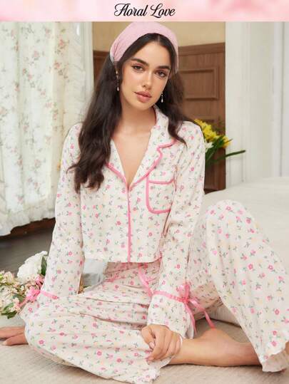 女士碎花长袖睡衣套装，繁花似锦，秋冬舒适优雅细节