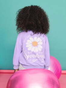 SHEIN 年轻女孩休闲简约舒适花卉图案圆领套头衫，长袖 - 紫色 - 查看 2