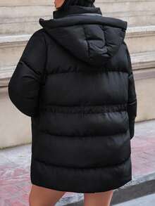 EURMUSE Women's Detachable Hooded Adjustable Drawstring Waist Flap Pocket Winter Coats - Black - View 2