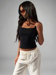 MISSGUIDED Floral Eyelet Bustier Crop Top Square Neck Slim Fit Summer Festival Streetwear Tank Cami Beach Vacation Resort Evening Party - Black - View 3