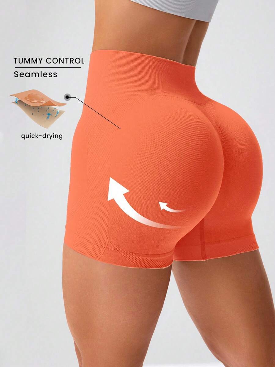 SHEIN Sports 女士纯色高腰日常健身运动瑜伽短裤 - 橘色 - 查看 1