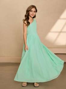 Minimalist Elegant Solid Color Dress, Tween Girls Partywear - Olive Green - View 4