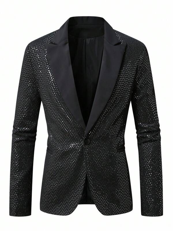 Manfinity AFTRDRK Men's Black Deep V Neck Glitter Casual Blazer Jacket For Spring And Summer