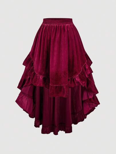 SHEIN MOD 加大码勃艮第红复古荷叶边装饰短款喇叭迷你裙，适合舞会、派对和活动