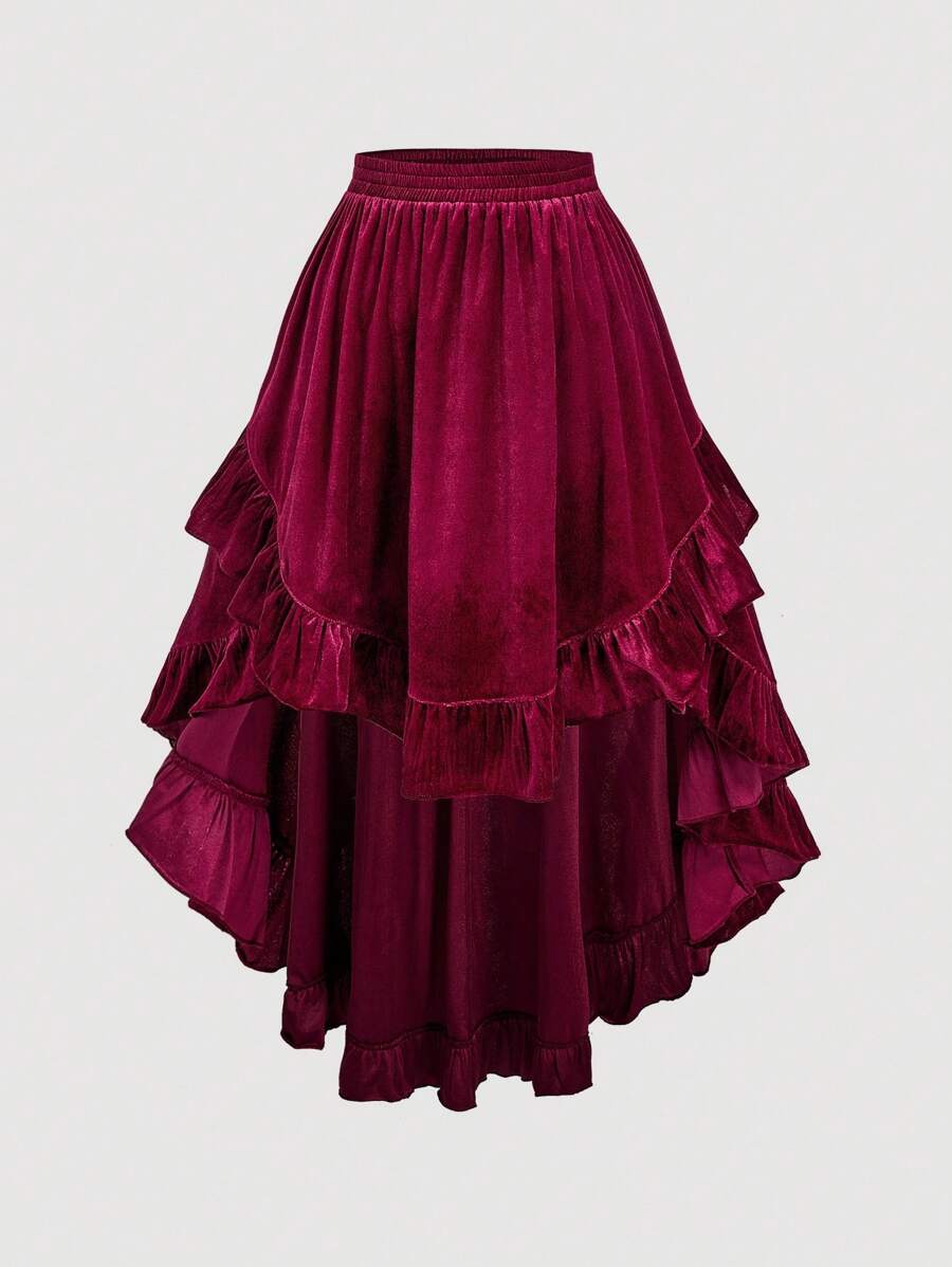 SHEIN MOD 加大码勃艮第红复古荷叶边装饰短款喇叭迷你裙，适合舞会、派对和活动 - 酒紅色 - 查看 1