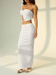 SHEIN PETITE 女士米色纹理针织抹胸短裤套装，春季服装，狂欢节服装，女士西部服装，女士沙滩装 - 白色 - 查看 5