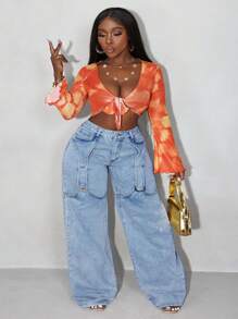 大码休闲日常纽扣细节斜口袋宽松阔腿牛仔裤 - 淺藍色 - 查看 7